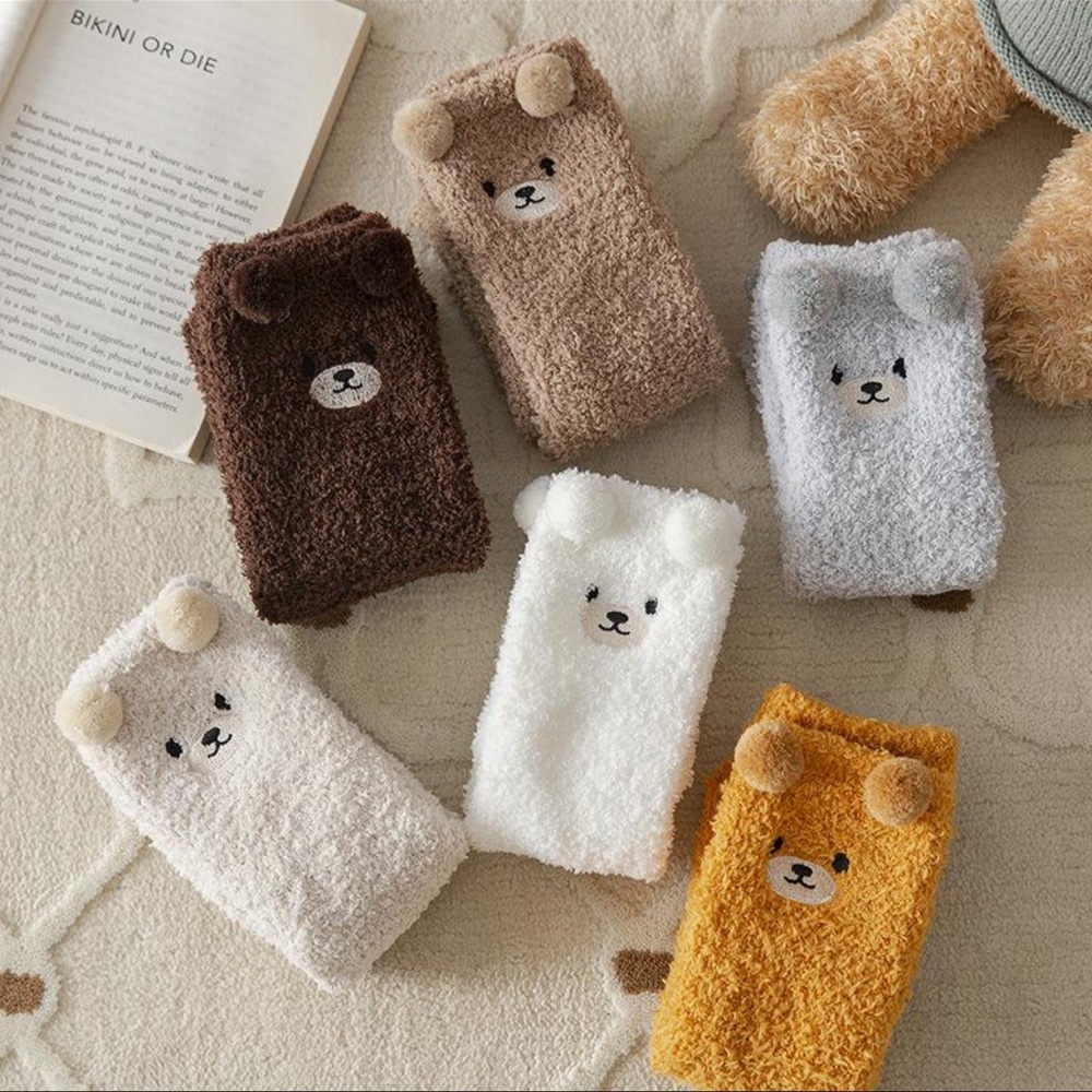 (3) Plush bear fuzzy cozy socks - Picture 2 of 5